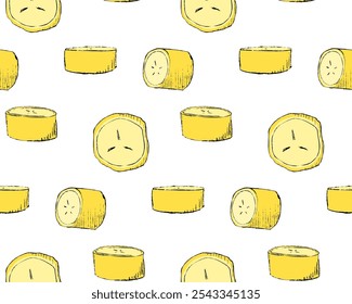 Cute graphic cartoon banana slices. Seamless pattern for design of fabric, clothing, wallpaper, paper. Vector background.
