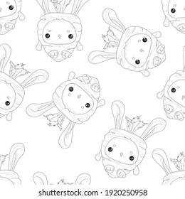 Cute graphic cartoon bunny in carrot costume seamless pattern sketch template. Easter holiday vector illustration in black and white for games, background, pattern, decor. Coloring paper, page, book