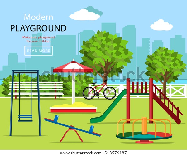かわいいグラフィックスの子の遊び場セット スイング スライド カルーセル 砂場 ベンチ 自転車 木 都市の背景 幼稚園 ベクターイラスト のベクター画像素材 ロイヤリティフリー