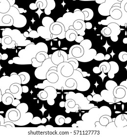 Cute graphic clouds and magical splashes. Vector seamless pattern