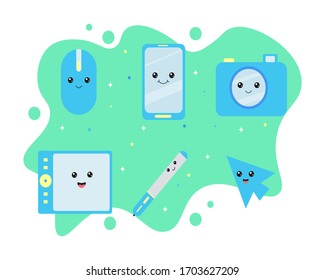 cute graphic design tool Flat design style modern vector illustration icons set of graphic designer items and tools, office various objects and equipment. Isolated on stylish color background 