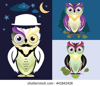 Cute graphic detailed owls set. Flat style vector illustration.
