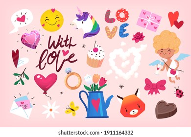 Cute graphic elements for posters, greeting cards, flyers labels banners and invitations for Valentine's Day party. Cupids hearts diamond and sweet animals. Isolated vector elements 2 of 5