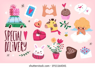 Cute graphic elements for posters, greeting cards, flyers labels banners and invitations for Valentine's Day party. Cupids hearts diamond and sweet animals. Isolated vector elements 4 of 5