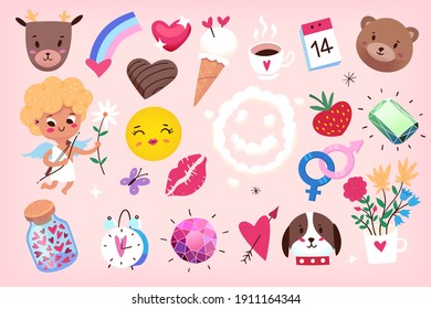 Cute graphic elements for posters, greeting cards, flyers labels banners and invitations for Valentine's Day party. Cupids hearts diamond and sweet animals. Isolated vector elements 5 of 5