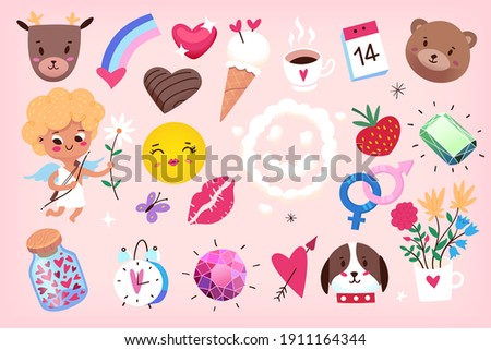 Cute graphic elements for posters, greeting cards, flyers labels banners and invitations for Valentine's Day party. Cupids hearts diamond and sweet animals. Isolated vector elements 5 of 5