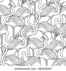 Cute graphic flamingo in the side view. Pretty exotic birds. Vector seamless pattern