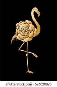 Cute graphic flamingo in the side view with big camellia flower over its body. Pretty exotic birds isolated on black background.