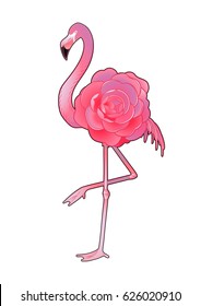 Cute graphic flamingo in the side view with big camellia flower over its body. Pretty exotic bird isolated on white background.