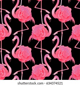 Cute graphic flamingo in the side view. Pretty exotic birds. Vector seamless pattern