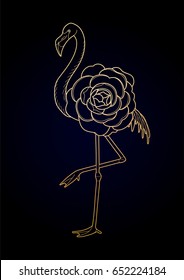 Cute graphic flamingo in the side view. Pretty exotic bird isolated on black background. T-shirt print or tattoo design