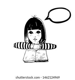 Cute graphic girl writes in her book with pencil and thinking about something. Beautiful illustration for your design.