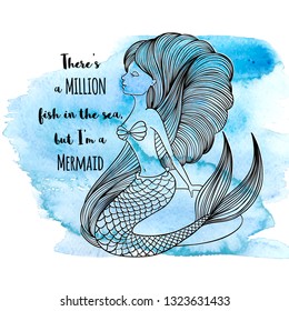 Cute graphic hand drawn mermaid on blue watercolor background. Fashion artworks, t-shirt graphics, greeting card, poster or banner. Vector illustration.