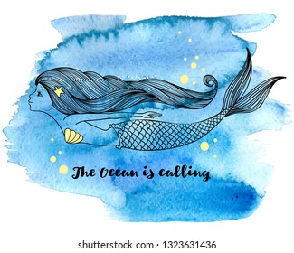 Cute graphic hand drawn mermaid on blue watercolor background. Fashion artworks, t-shirt graphics, greeting card, poster or banner. Vector illustration.