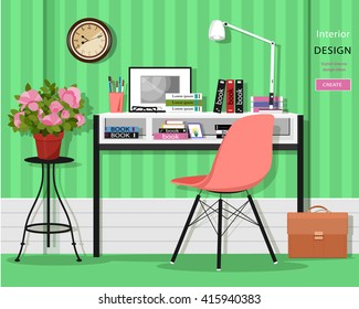 Cute graphic home office room interior with desk, chair, lamp, books, bag and flowers. Flat style vector illustration