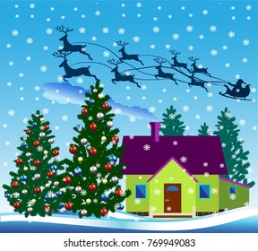 Cute graphic house with trees. Winter landscape with city background. Flat style vector illustration.