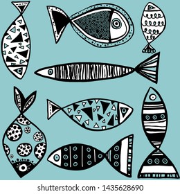 Cute graphic line fish. Vector seamless pattern.
