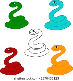 Cobra de linha gráfica bonito em quatro cores. Réptil sufocante colorido. Símbolo de Ano Novo Chinês. Personagem de cobra engraçada isolado em fundo branco. Ilustração vetorial para cartão, adesivo, calendário
