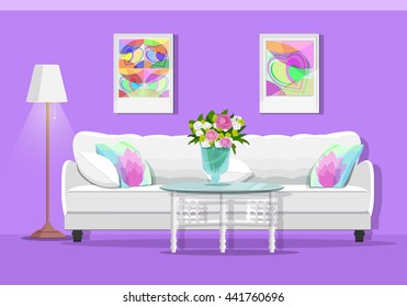Cute graphic living room interior with furniture: sofa, table, lamp and pictures. Colorful home set. Flat style vector illustration.
