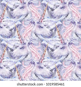 Cute graphic low poly unicorn in pastel colors. Vector fantasy seamless pattern