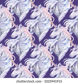 Cute graphic low poly unicorn in pastel colors. Vector fantasy seamless pattern