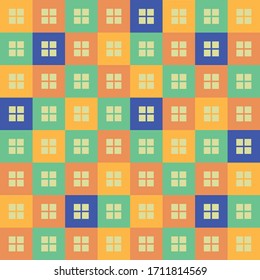Cute graphic print in warm shades of yellow, orange, green and blue. Wallpaper or background for website, postcard or fabric. Children's bright print. Stay at home. EPS 10. Seamless pattern. Sticker
