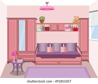 Cute graphic room  for girls teenager.  Modern bright colored furniture - sofa, wardrobe, table. Flat style vector illustration.
