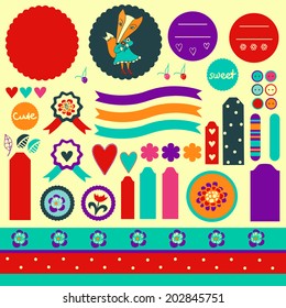  Cute graphic scrapbook elements with fox, flowers and hearts. Sweet sticker collection.Vintage style. 