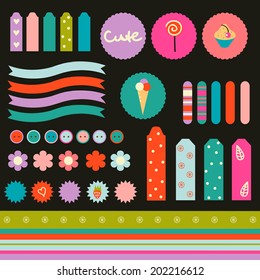 Cute graphic scrapbook elements in retro style with cupcake, ice-cream and lollipop. Sweet sticker collection.