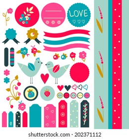 Cute graphic scrapbook elements in retro style with birds, flower, strawberries and hearts. Sweet sticker collection. 