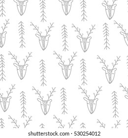 Cute graphic Seamless pattern with deer head and pine. Christmas wrapping paper. Hand drawn vector illustration