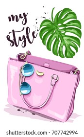 Cute graphic set with stylish accessories: sunglasses and pink bag. Sketch. Vector illustration.