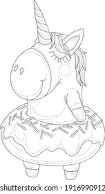 Cute graphic sleeping unicorn creature in donut sketch template. Cartoon vector illustration in black and white for icons, emoji symbols, games, background, pattern. Coloring paper, page, story book.
