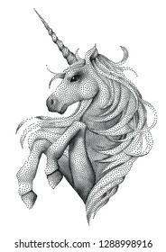 Cute graphic unicorn drawn in stippling technique Vector fantasy art
