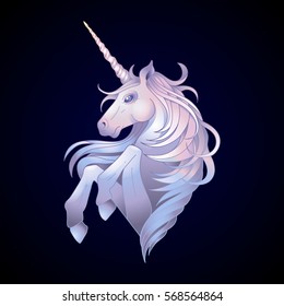 Cute graphic unicorn isolated on dark background. Vector fantasy art in pastel colors