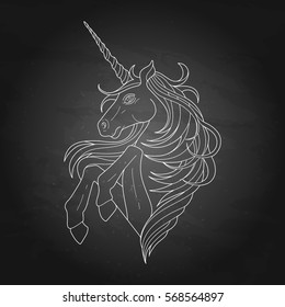 Cute graphic unicorn isolated on the chalkboard. Vector fantasy art