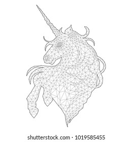 Cute graphic unicorn made of polygonal mesh. Vector fantasy art. Coloring book page for adults and kids