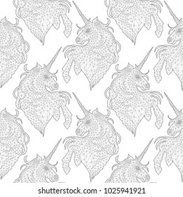 Cute graphic unicorn made of polygonal mesh. Vector fantasy seamless pattern. Coloring book page for adults and kids