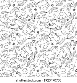 Cute graphic unicorn in the sky. Fantasy art drawn in line art style. Vector seamless pattern. Coloring book page design for adults and kids