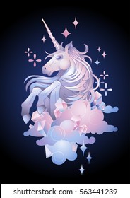 Cute graphic unicorn in the sky. Vector fantasy art in pastel colors isolated on the dark background