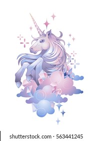 Cute graphic unicorn in the sky. Vector fantasy art in pastel colors isolated on white background