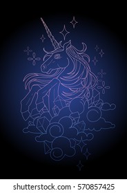 Cute graphic unicorn in the sky. Vector fantasy art in pastel purple colors isolated on dark background