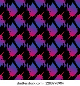 Cute graphic unicornsilhouette in bright trendy colors. Vector fantasy seamless pattern