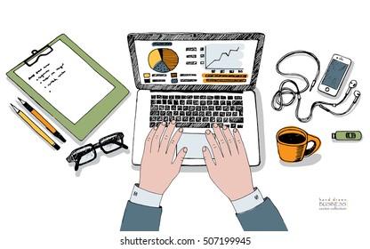 Cute graphic workplace with laptop. Illustration of businessman at work. Male hands on  keyboard. Colored hand drawn ink vector sketch
