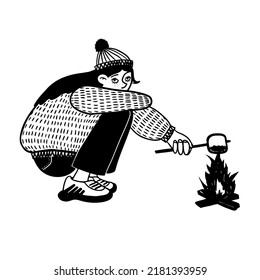 Cute graphic young woman roast marshmallow on fire. Cozy autumn camping concept. Teenage girl travel vector illustration