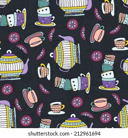 Cute graphical seamless texture with teapots. Desert menu background. 