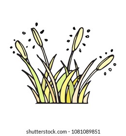 cute grass cartoon object on white background, vector doodle art