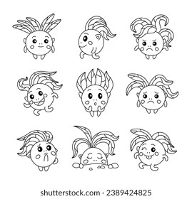 Cute grass character. Coloring Page. Kawaii plant different poses and emotions, love, joy, sadness, anger. Vector drawing. Collection of design elements.