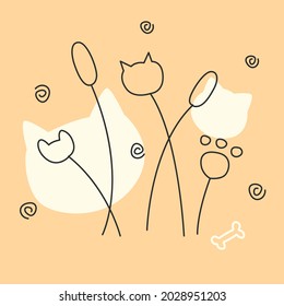 Cute grass flowers in pets theme on pastel orange background with cat shape beige background