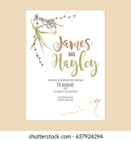 Cute grass and plants with text wedding invitation card template vector